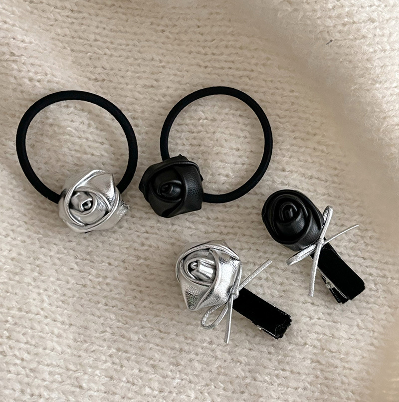 Corea del Sud Nuovo Nero Argento Pelle Rosa Fiore Forcina Capelli Corda Gomma Tendine Frangia Accessori per Capelli per Donne_voghion.com