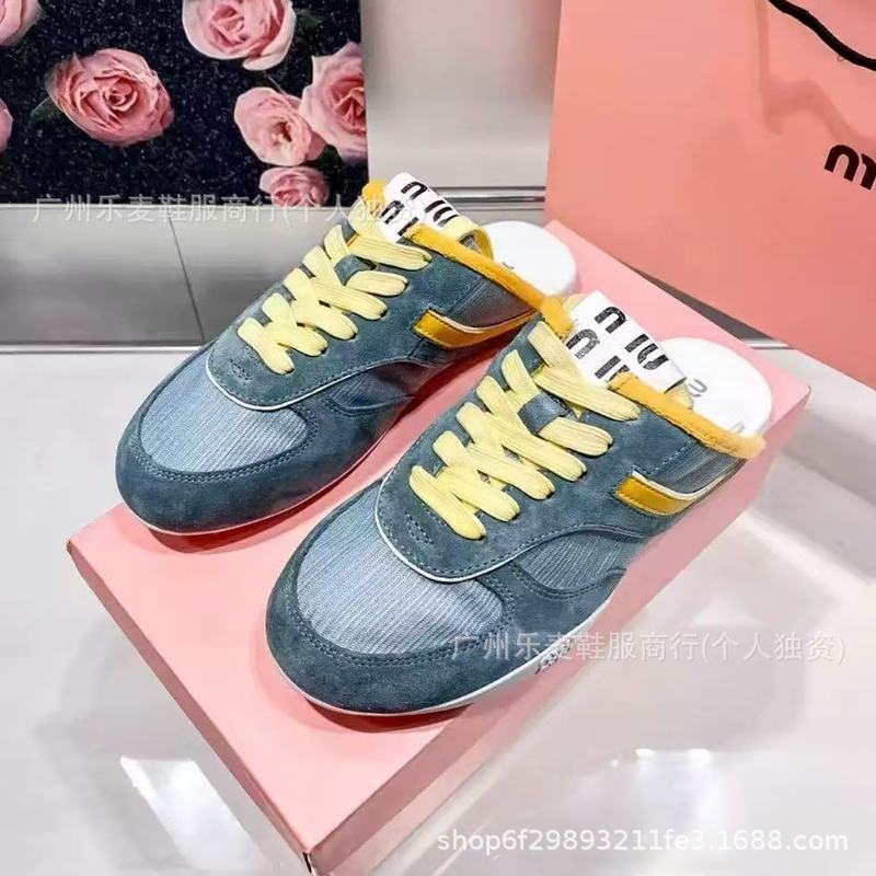 高品质~miu家拼色德训半拖鞋休闲百搭真皮网面圆头系带阿甘运动鞋|undefined