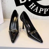 1619-7 Korean version sexy banquet high heels, metal buckle pointed shallow mouth slim heels, women's shoes, professional patent leather single shoes