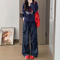美式工装降落伞阔腿裤女秋季复古宽松高腰垂感显瘦拖地钉扣运动裤