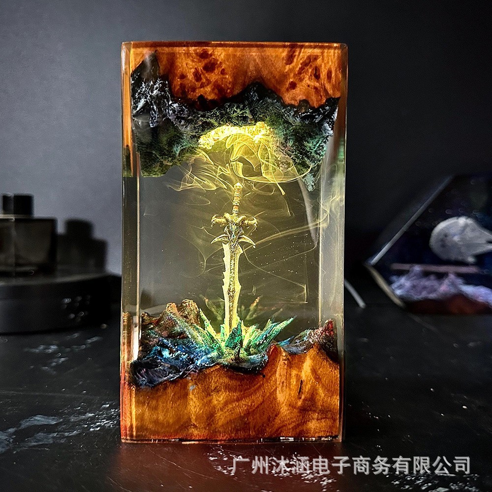 Serie mágica de madera sólida resina lámpara de noche espada mágica arte juegos de luz de noche regalos para los amantes de regalos de Navidad