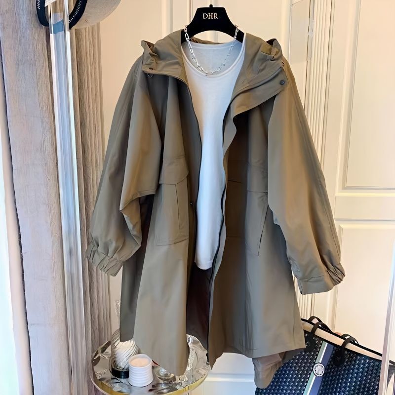 Designer Niche Japanese Loose Casual Cocoon Double Pocket Stitching Hooded Mid-length Coat Women's Spring and Autumn Coat
