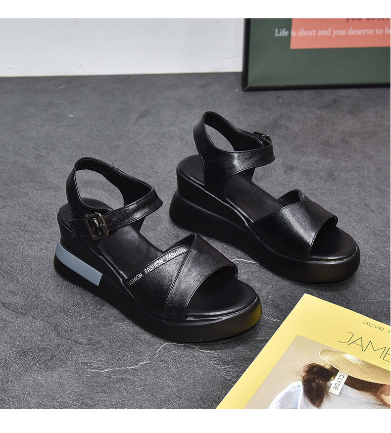 Giày sandal đế xuồng da thật quai đơn thời trang — Màu đen (Da bò lớp đầu tiên) chi tiết 8