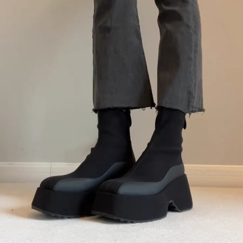 In Stock~ Thick-Soled Height-Increasing Elastic Slim Boots for Women, Back Zipper Chelsea Boots, Short Black Boots for Petite Women, Sock Boots