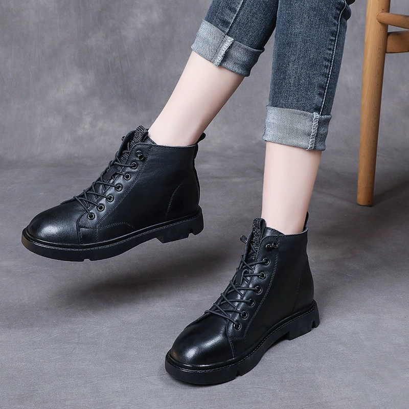 Новые кожаные ботинки Мартин 2025 года, универсальные низкие ботинки на плоской подошве с эластичной вставкой, удобные кожаные туфли в британском стиле с круглым носком