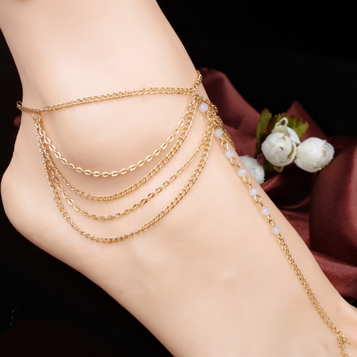 European and American cross-border fashion women's jewelry beach footwear multi-layer tassel chain crystal beaded mitten anklet