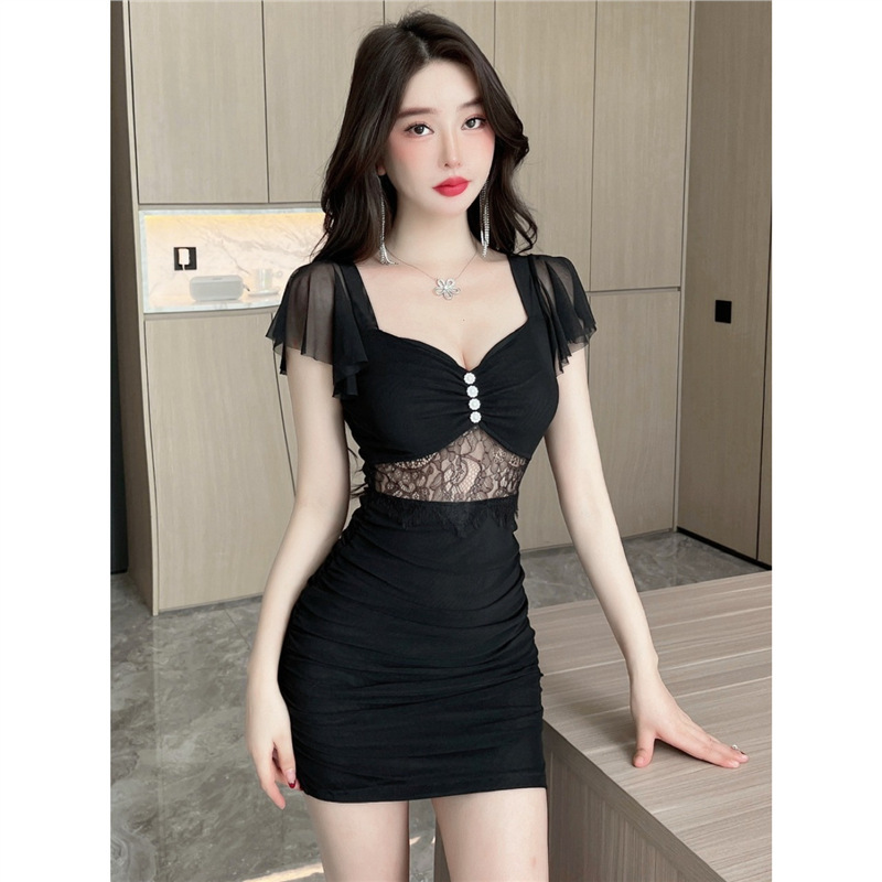 Nightclub Low-Neck Short-Sleeved Elegant Dress Nightclub Work Clothes Asymmetrical Sexy Short-Sleeved Hip-Hugging Dress
