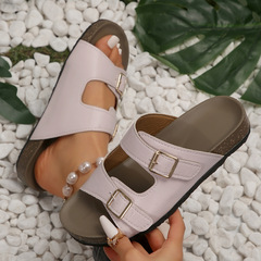 厚底勃肯拖鞋女2024年夏季新款復古時尚皮帶扣一字休閒羅馬涼拖鞋