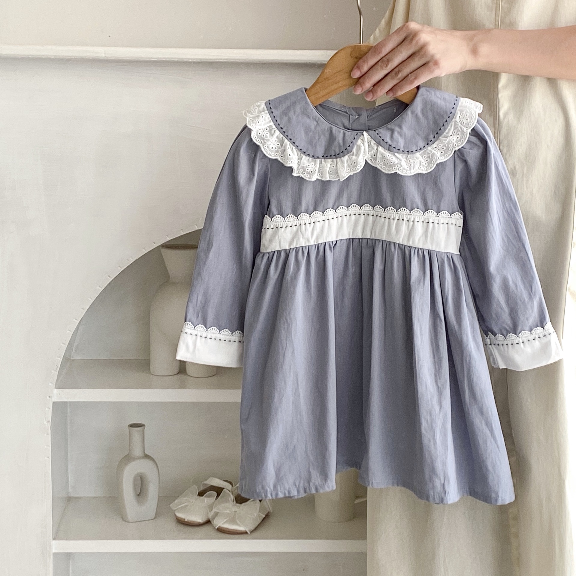 INS 2024 Herbst Baumwolle Klasse A Schwestern Mädchen Baby Spitze Puppe Hals Langarm Furz Gewickelt Romper + Rock_voghion.com