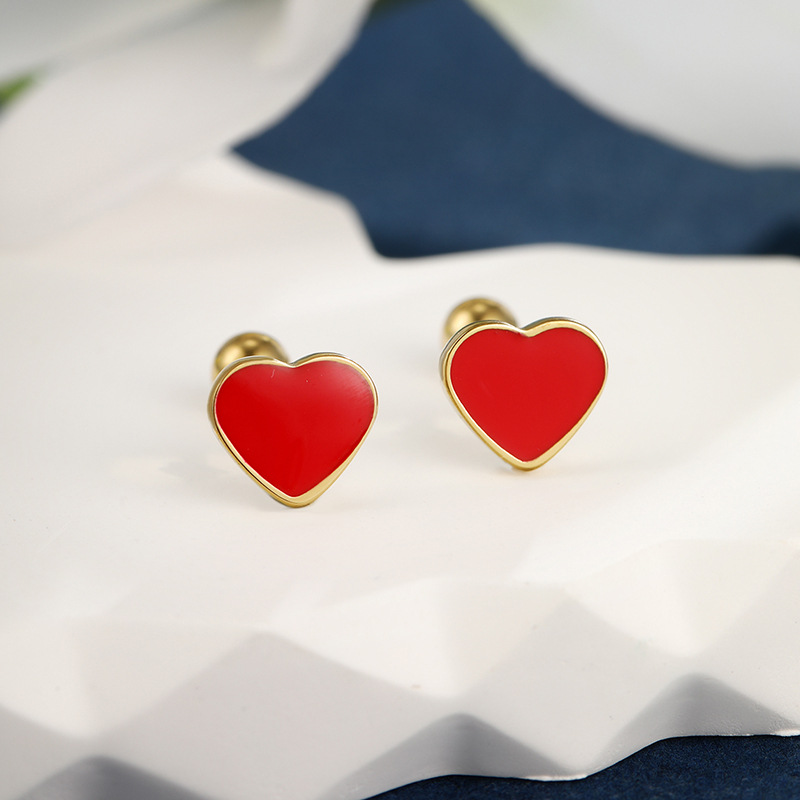 Xupe joyería de acero inoxidable epoxi rojo en forma de corazón tornillo aguja auricular libre espárragos japonés y coreano moda personalizada amor pendientes