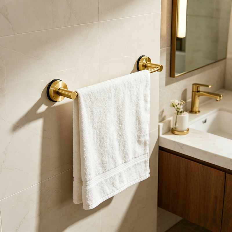 Stainless Steel Bathroom Gold Towel Bar, No-Drill Suction Cup, Extendable Towel Bar, Wall-Mounted Towel Rack with Hooks