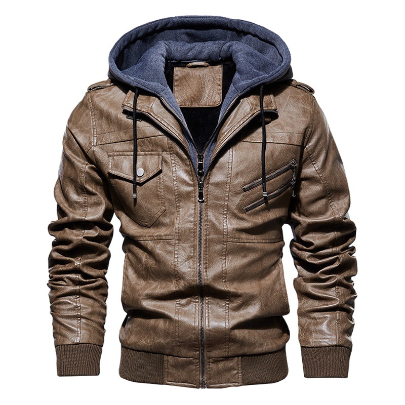 2022 ropa de otoño e invierno al aire libre europea y americana Amazon WISH chaqueta de cuero para hombre chaqueta de cuero con capucha de cuero PU para hombre conjunto de dos piezas