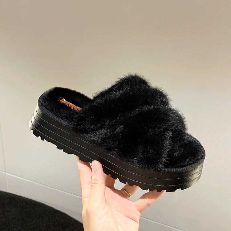 Pelzige Hausschuhe für Damenoberbekleidung im Herbst 2023, Baumwollhausschuhe mit offener Spitze_voghion.com