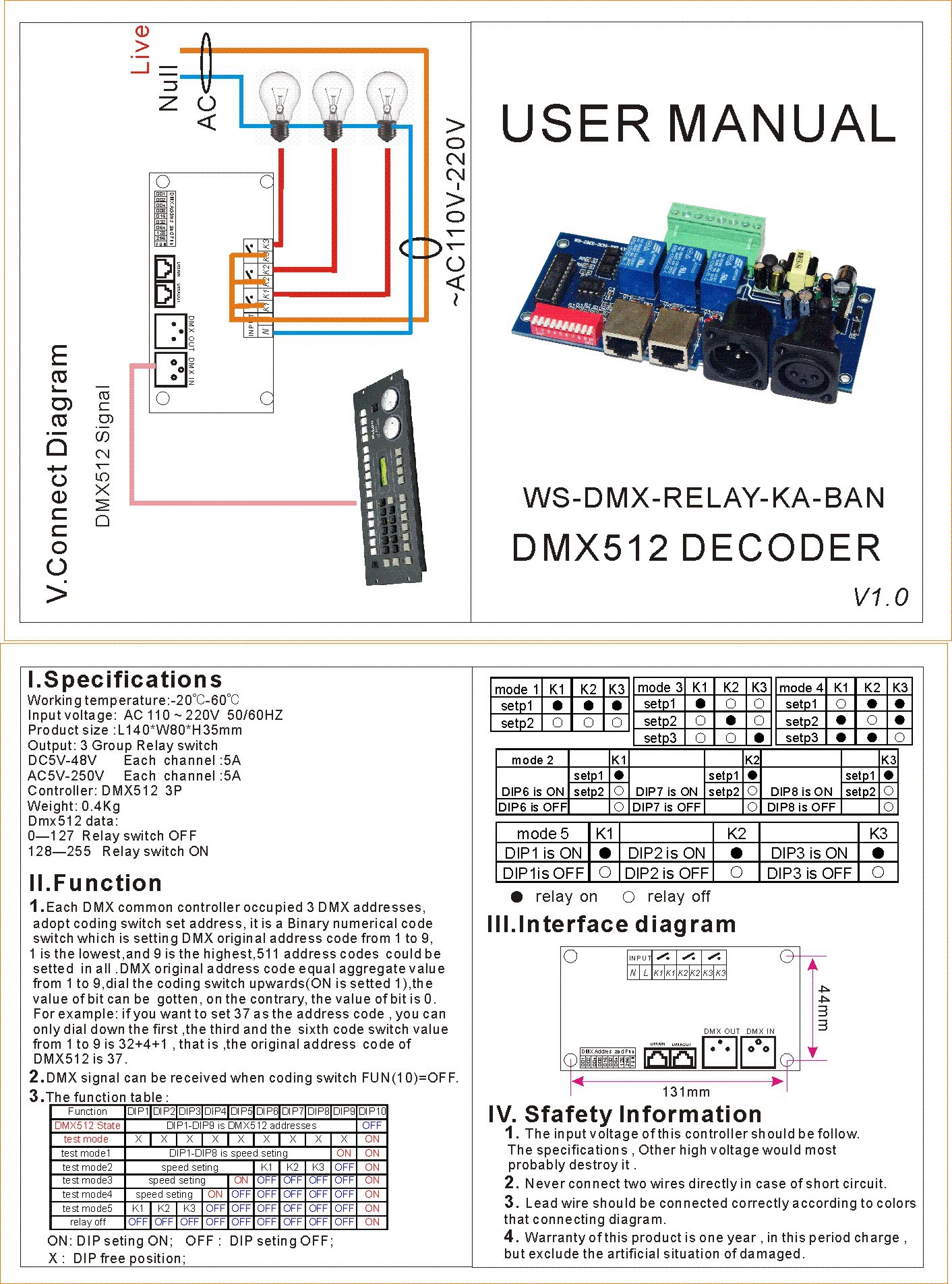 LED декодер 3-канальный реле 110-220V 5A*3ch WS-DMX-Relay-3ch-Ka-Ban