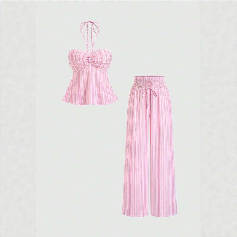 Halter Neck Tie-Waist Top with Elastic Waist Wide-Leg Pants, Fresh Pink and White Striped Vacation Style, Amazon Cross-Border Halter Neck Tie-Waist Top with Elastic Waist Wide-Leg Pants, Fresh Pink and White Striped Vacation Style, Amazon Cross-Border