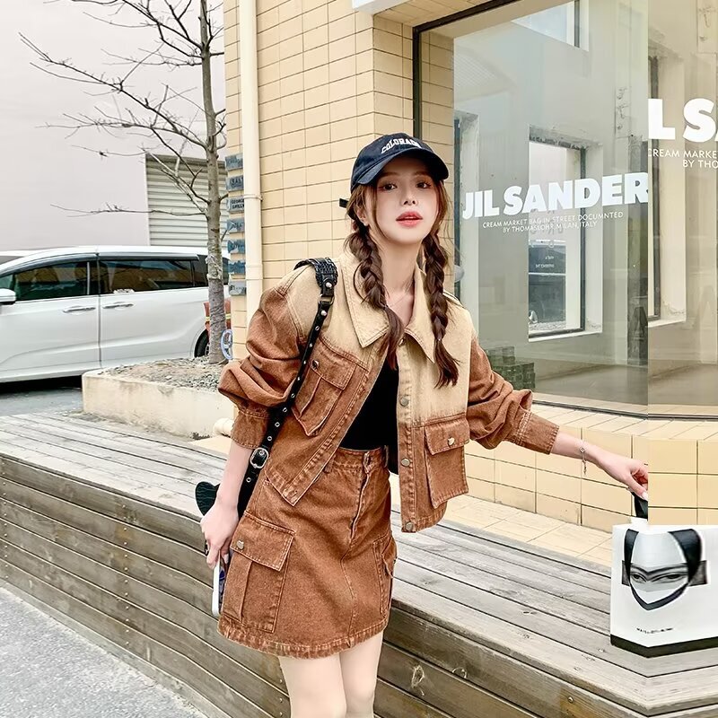 Vintage frock denim suit women's autumn design sweet cool gradient short jacket top high waist skirt two-piece set