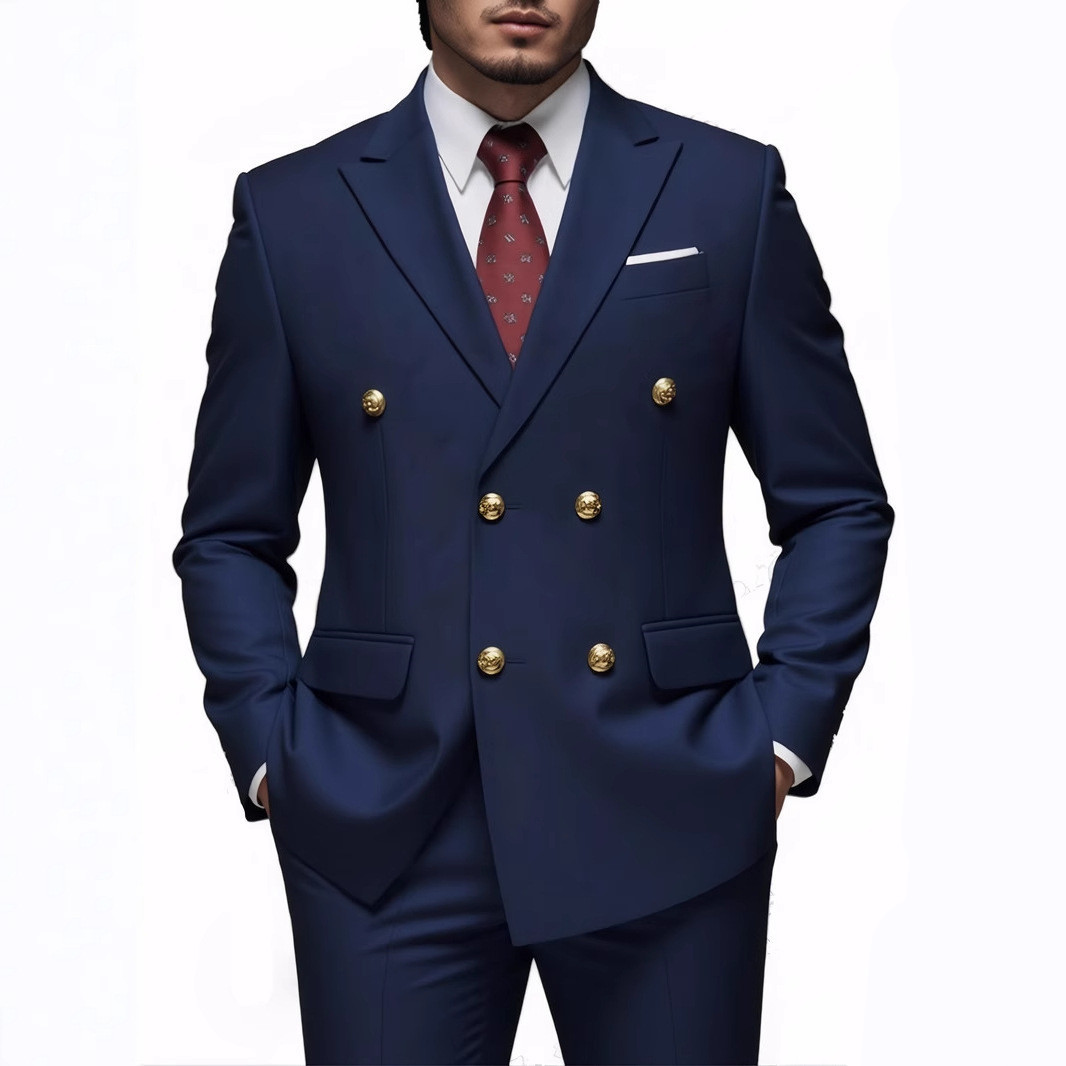 2025 Business Non-Iron Double Row Gold Button Two-Piece Set Trendy Men Solid Color Simple Slim Fit Handsome Suit Trend_voghion.com