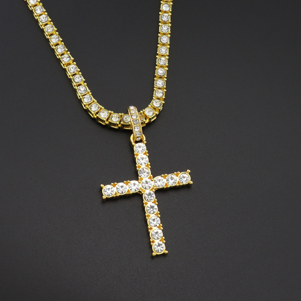 10g Weight Alloy Pendant Material Rhinestones Inlay Material Pendant Necklace Classification Alloy Chain Material Tennis Chain Chain Type Street Occasion Alloy Material Cross Pattern Unisex Gender Retro, Punk Style Ornament Simple  Style Full Diamond Single Row Diamond Tennis Chain Men's And Women's Big Cross Pendant Necklace 4
