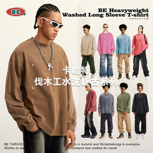 Be Men's Clothing 2025 American Fashion Brand Retro Washed Clothes Men's Pure Cotton 260g Long-Sleeved T-Shirt Youth T-Shirt Men