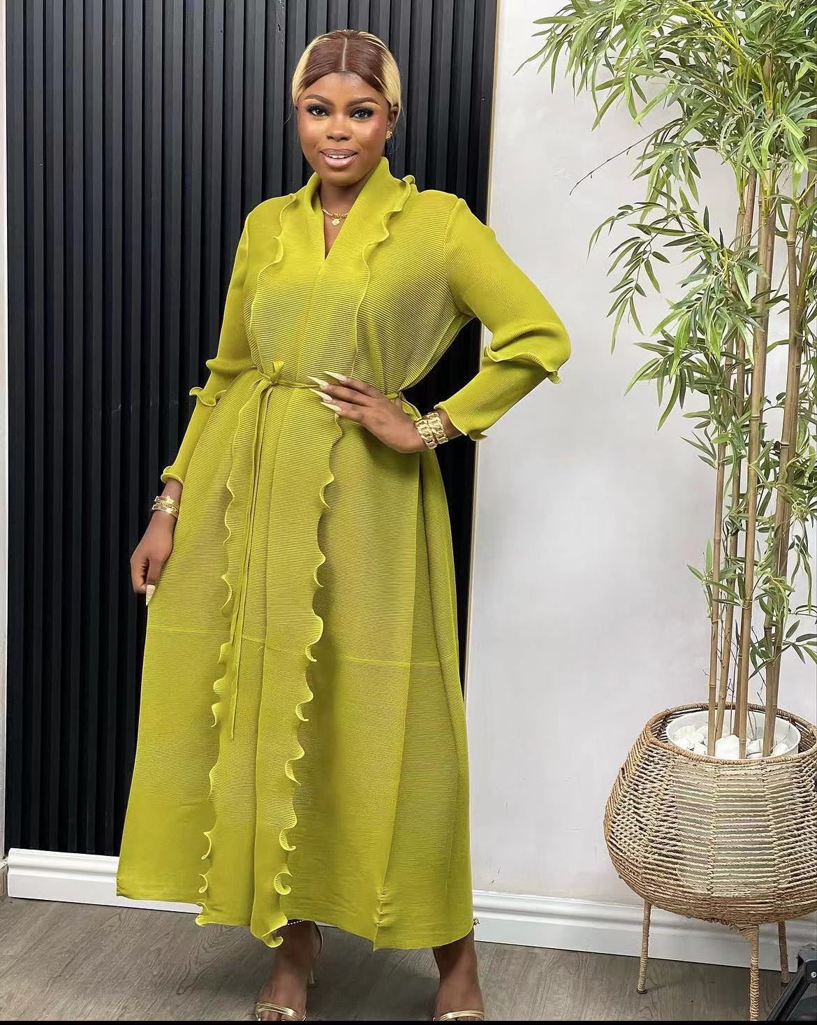Women's Clothing pleated V neck lace long sleeved fashion dress for women dress_voghion.com
