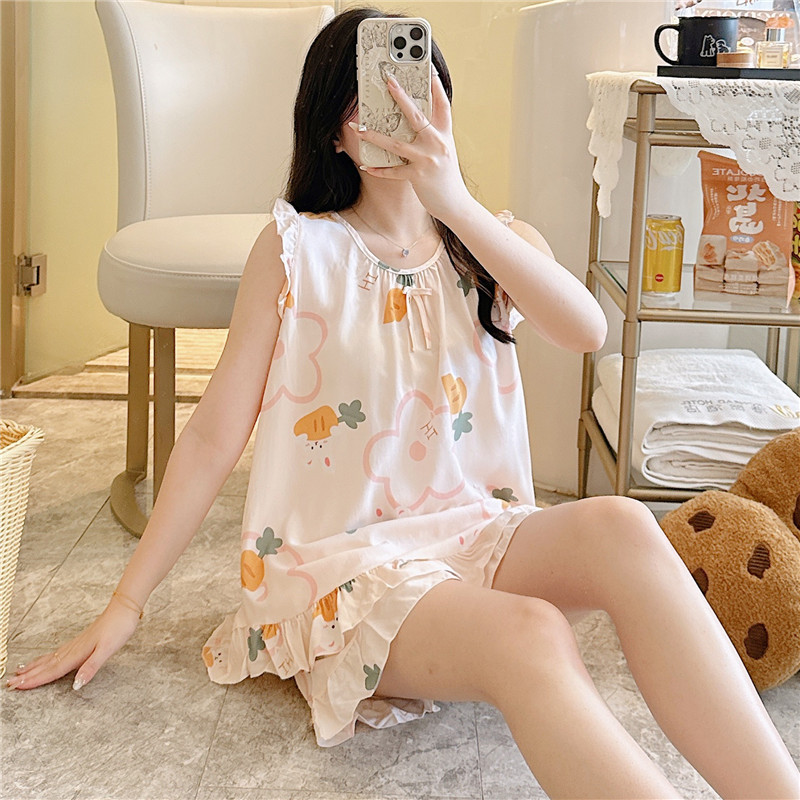 人造棉睡衣女春夏季棉绸印花家居服甜美可爱可外穿格纹无袖套装|undefined