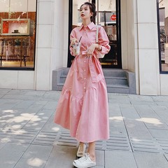 现货小众设计感粉色长袖衬衫连衣裙女春秋独特好看轻熟风气质长裙