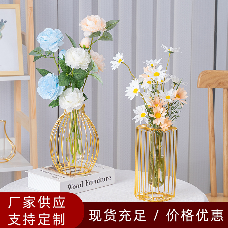 Fábrica al por mayor chapado en oro florero de vidrio de hierro flor seca hidropónico planta verde floral decoración de escritorio decoración suave