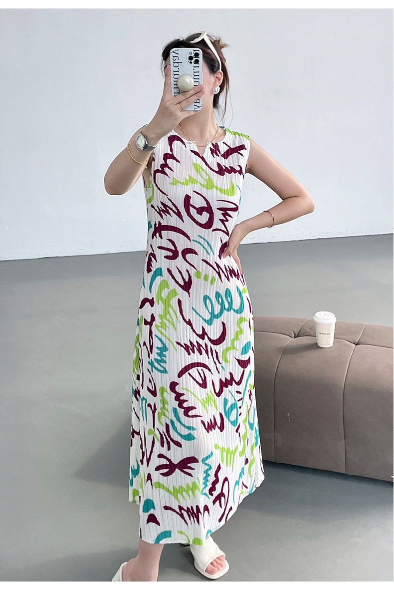 Váy liền ba lỗ xếp ly họa tiết dọc graffiti tương phản phong cách Nhật Bản mùa hè — Phối đen trắng chi tiết 12