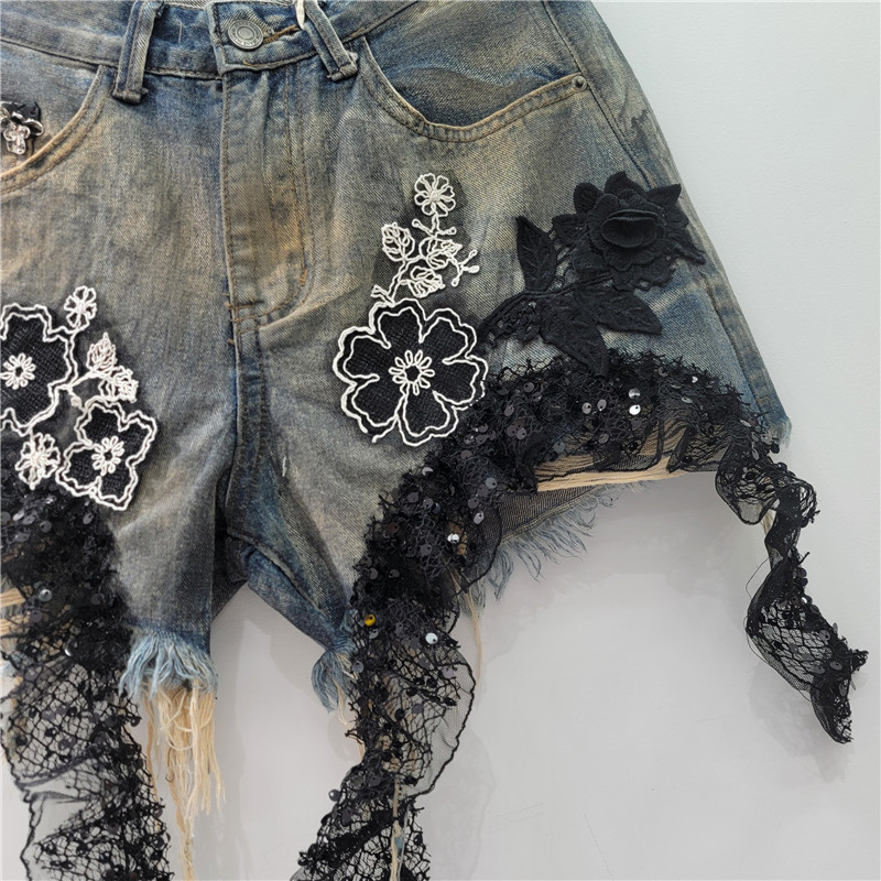 Pantalones Cortos de Mezclilla con Encaje e Impresión de Talle Alto Línea A para Verano
