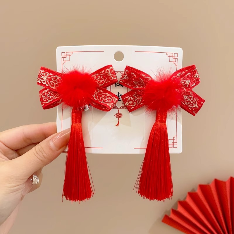 6 campanas de bola de pelo rojo con borlas