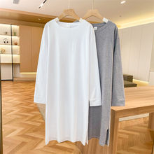 中长款过膝棉白色长袖连衣裙女秋季新款大码宽松开叉恤裙