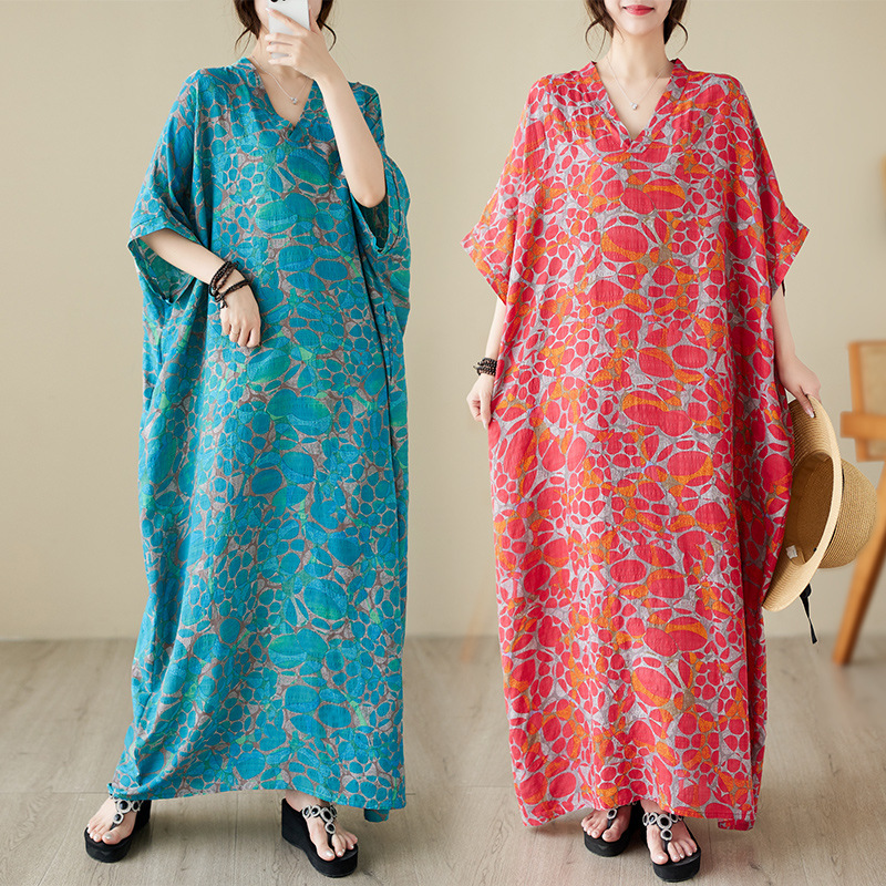 Real shot 2023 Summer thin cotton and linen V-neck plus size loose artistic beach dress retro long robe Real shot 2023 Summer thin cotton and linen V-neck plus size loose artistic beach dress retro long robe