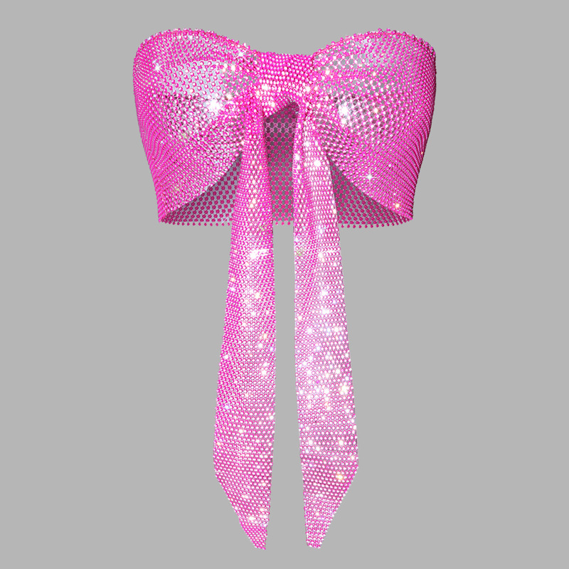 Cross-border New Design Sense Bow Tie Rhinestone Strapless Small Vest Hot Girl Sexy Fishing Net Tight Top Women