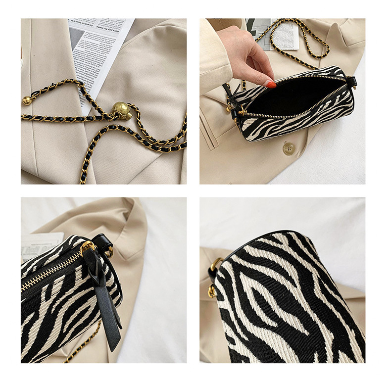 Borsa a tracolla piccola con tracolla singola a catena in tela con stampa zebra cilindrica con perline di trasporto modello 2024 nuovo_voghion.com