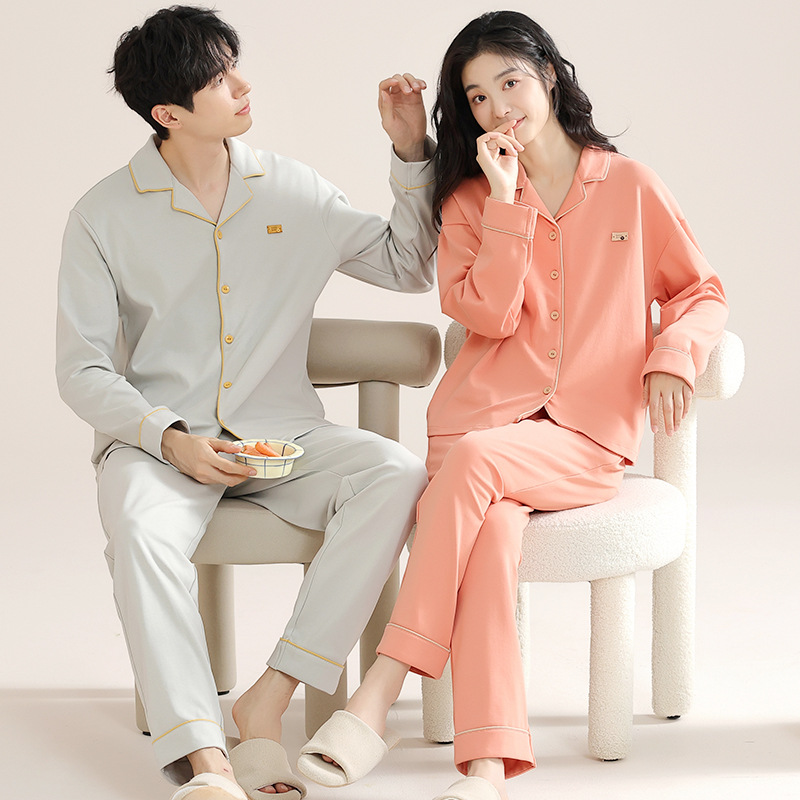 항균 통기성 순면 커플 잠옷 봄과 가을 긴 소매 바지 가디건 옷깃 플러스 사이즈 세트 남성 및 여성 홈 옷