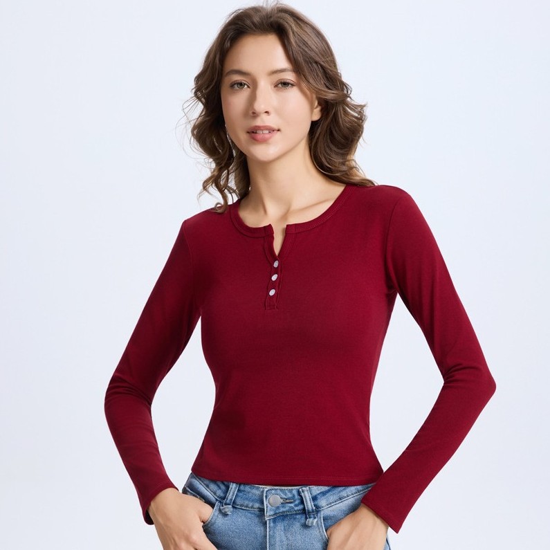 [New Products for Autumn and Winter] Yoga Fitness Round Neck Button Long Sleeve Bottoming Shirt with Layered Slim Running Women