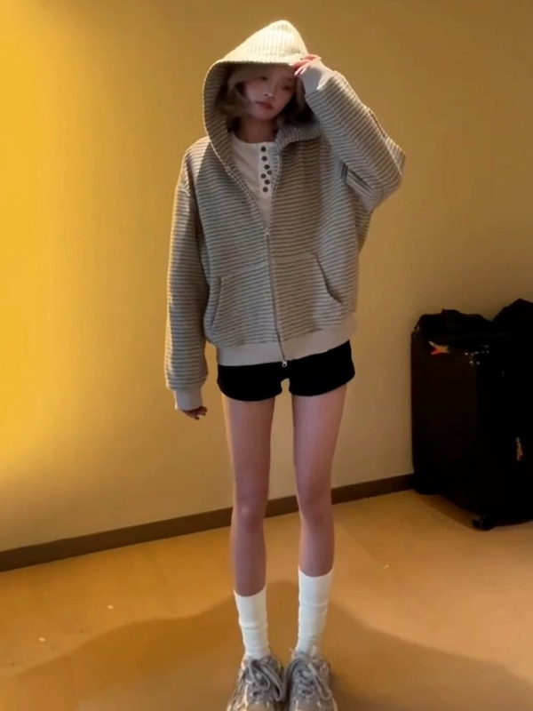 美式复古氛围感宽松条纹开衫连帽卫衣女早秋季休闲长袖外套女装潮|undefined