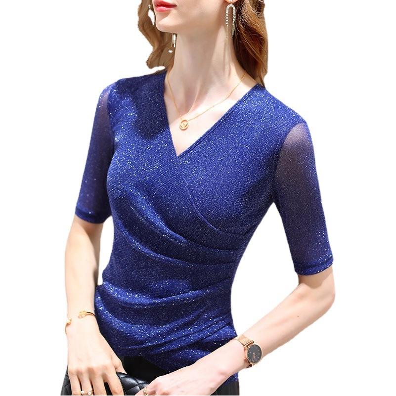 Camiseta de malla para mujer, moda europea 2025, nuevo estilo, camiseta brillante de seda con cuello en V cruzado y top de seda con brillantina. image 1