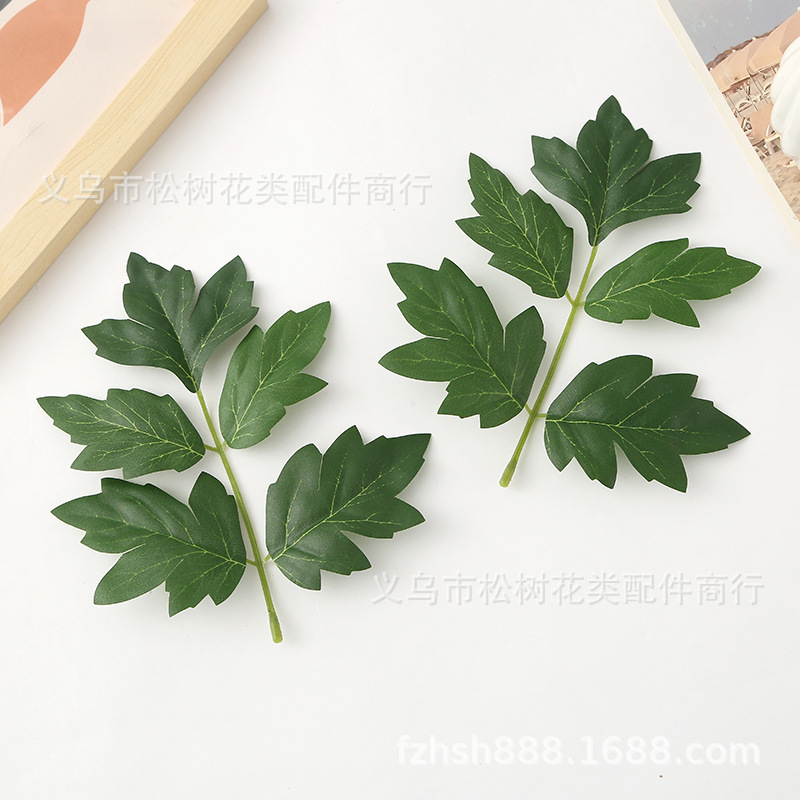 跨境新品仿真花叶牡丹花叶子单片五叶婚庆家居装饰手工配饰批发