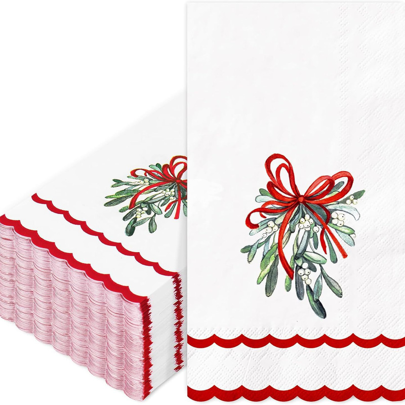 Christmas Winter Holiday Party Theme Guest Watercolor Mistletoe Holly Fan-Shaped Disposable Table Napkins Christmas Winter Holiday Party Theme Guest Watercolor Mistletoe Holly Fan-Shaped Disposable Table Napkins