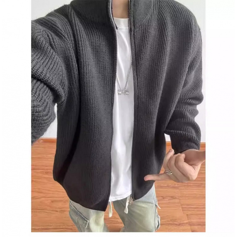 新款灰色拉链毛线衣男春秋半高领针织开衫慵懒高级感正肩外套夹克|undefined