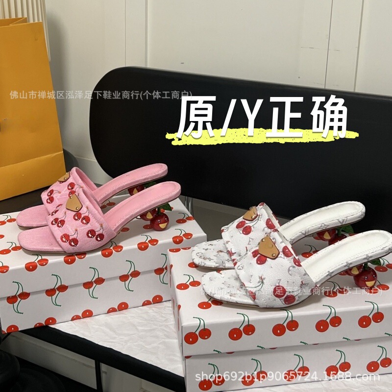 2025 Early Spring and Summer New Cherry Embroidered Denim Mule Shoes High-Heeled Sandals for Outer Wear Retro Slippers for Women