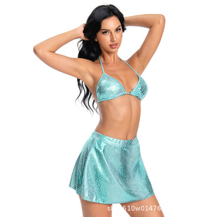 European and American Sexy Ins Style Bikini Swimsuit Three-Piece Set for Women Nightclub Ds Electronic Music Festival Stage Outfit Snake Print Glitter Fabric