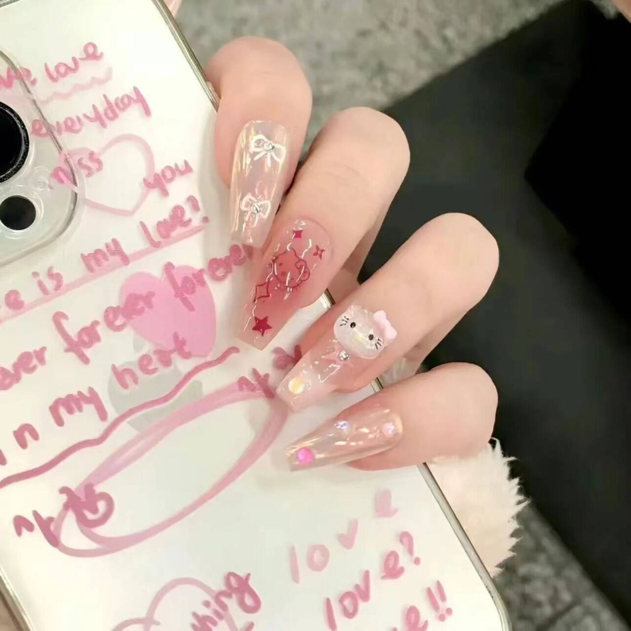10 piezas de uñas largas, gatos lindos, taladro de uñas hechas a mano, productos terminados, uñas falsas desmontables al por mayor