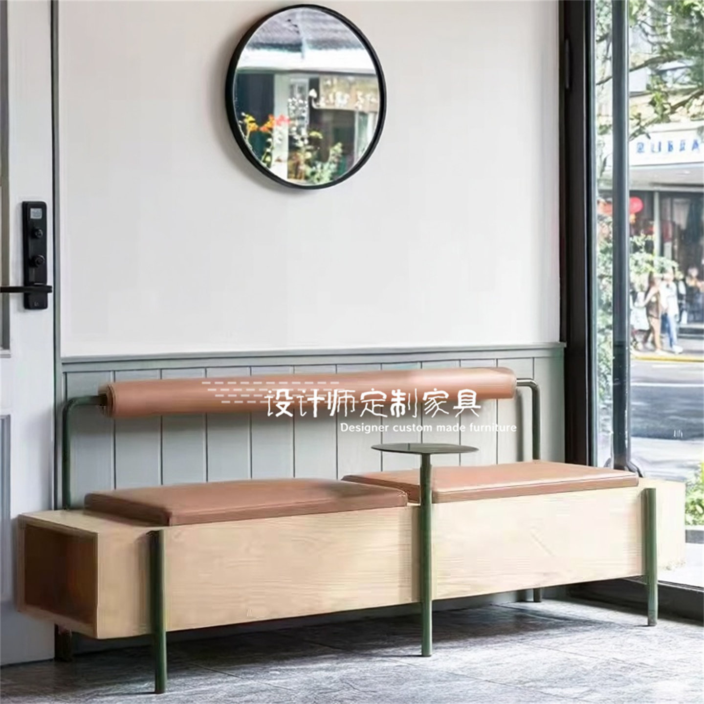 Modern minimalist wooden restaurant and cafe booth bench with backrest, designer long chair for dessert and milk tea shops
