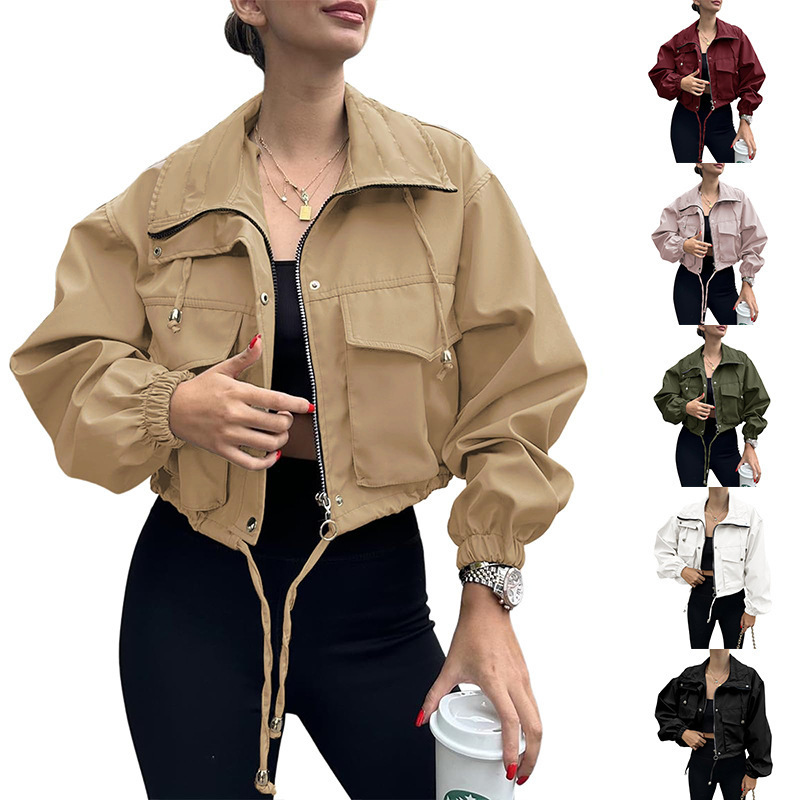 Amazon Cross-Border 2025 European and American Autum New Women's Pure Color Women's Short Jacket Zipper Windbreaker Jacket