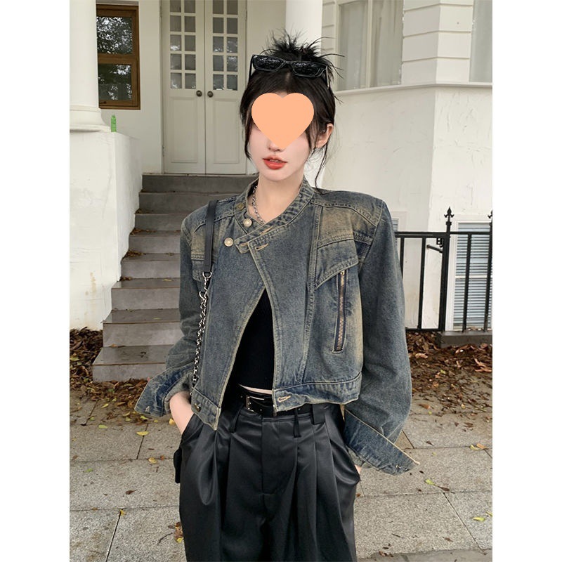 复古美式做旧风设计立领工装牛仔外套女秋季新款修身显瘦短款上衣|undefined