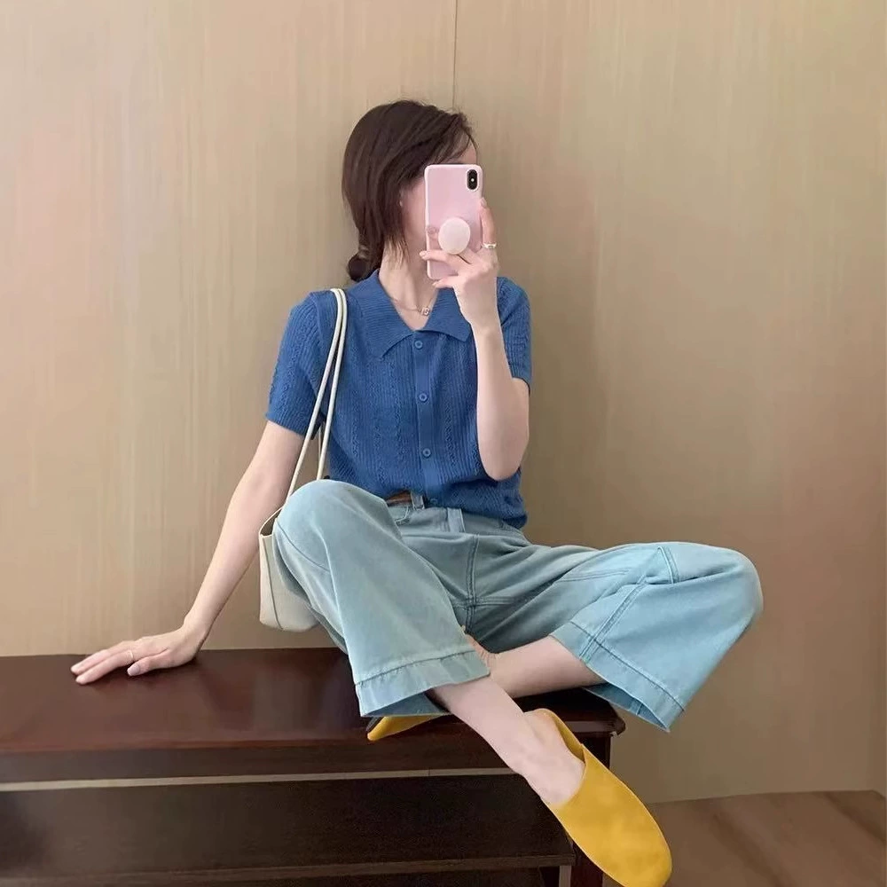 Французский Кляйн синий поло-воротник трикотажный ледяной шелковый укороченный топ женский летний уникальный