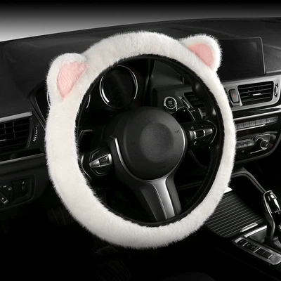 Cat Ear Plush Car Steering: Steering wheel cover - white-ears-universal