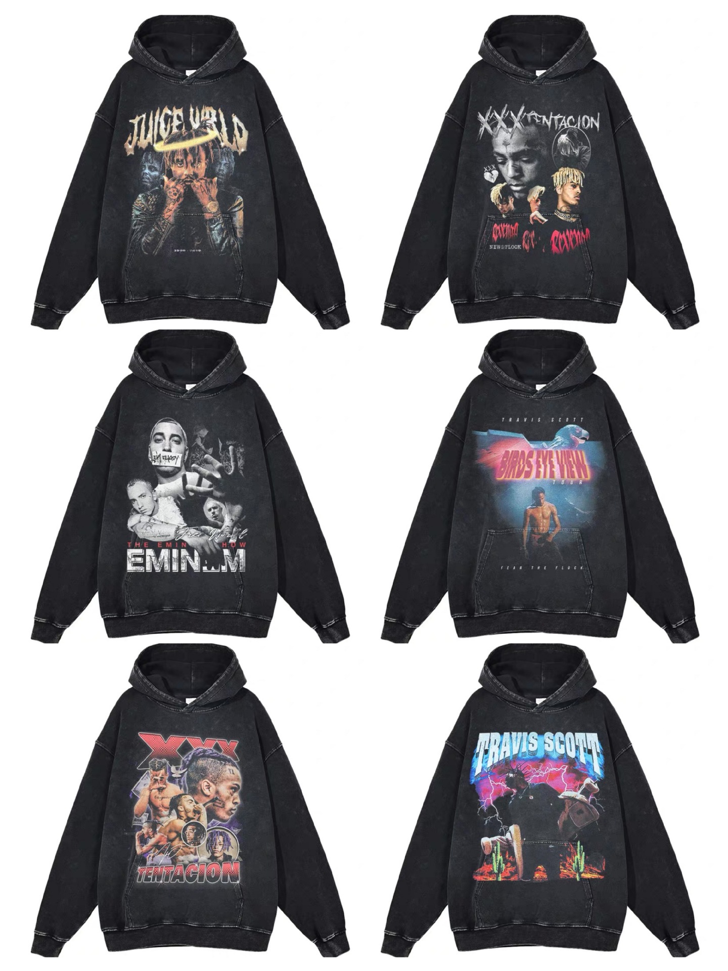 Eminem Travis Scott Tupac XXX American Hip Hop Rap Vintage Imprint Water Washed Hooded Sweater